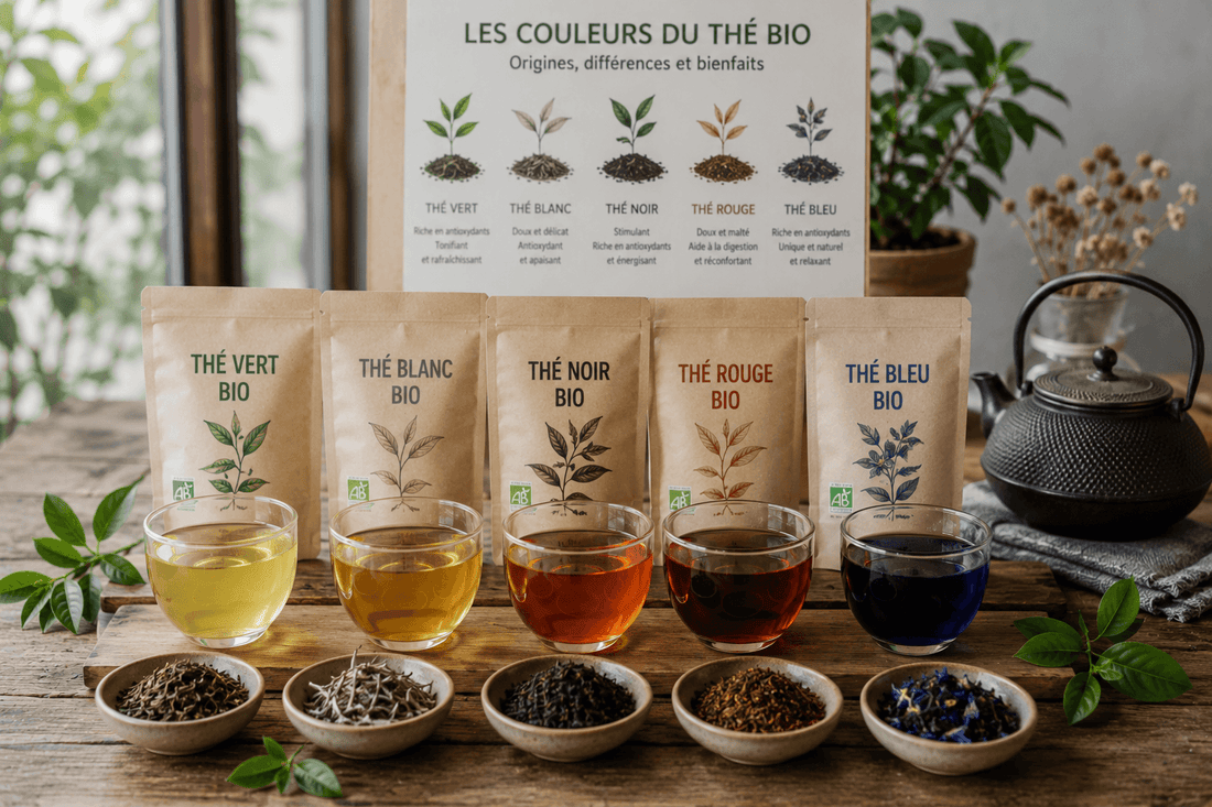 Les couleurs du thé bio ZenThé — vert, noir, blanc, bleu, rouge et jaune selon le niveau d'oxydation