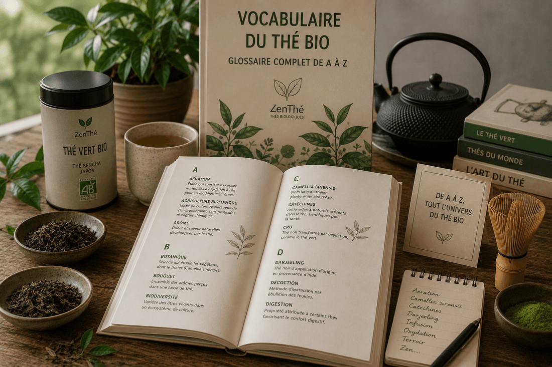 Vocabulaire du thé bio ZenThé — glossaire complet des termes de culture, dégustation et certification AB