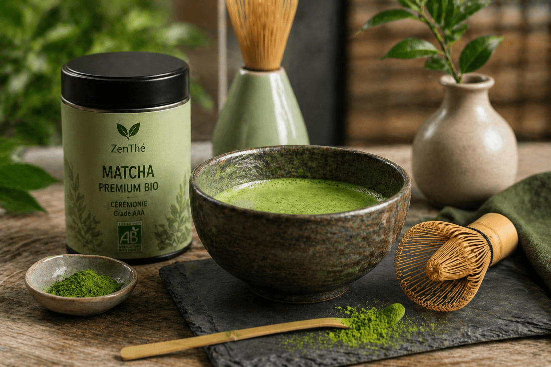 Thé matcha bio ZenThé — poudre de matcha certifiée AB, couleur vert vif, préparation traditionnelle au chasen