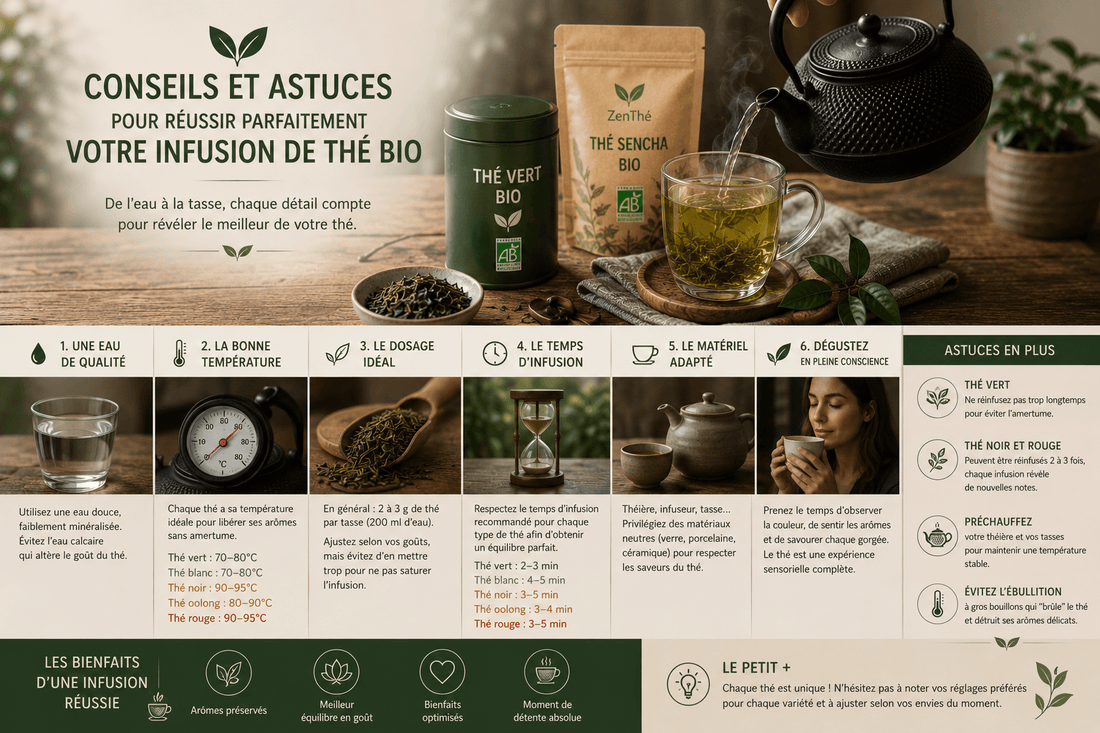 Conseils et astuces infusion thé bio ZenThé — tableau températures, temps et dosage par variété certifiée AB