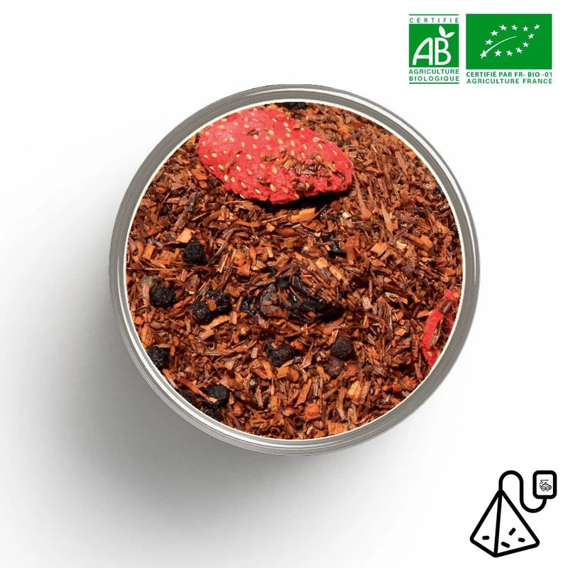 Tasse de rooibos nuit paisible bio aux fruits rouges - rituel soir famille sans théine