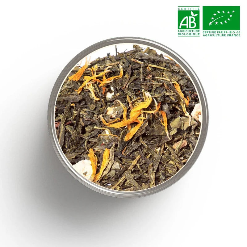 Tasse de thé vert bio gingembre orange - énergie et vitalité naturelle